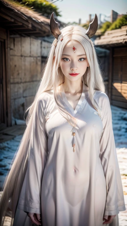 Masterpiece, Superb Piece, Daytime, Outdoor, Falling White Flowers, Perfect Woman in a Pure White Dress, 1 Girl, Silvery-White Long Haired Woman, Radiant Gray Blue Eyes, Gentle Pale Pink Lips, Chilly, Serious Expression, Gentle Bang, Purple-tinged Eyes, White Clothes Fluttering on Clothing Lines, Delicate Features, Exquisitely Detailed Face, Standing with a Graceful Bow, Tassels Fluttering in the Breeze, Happiness Radiating through the Smile.
