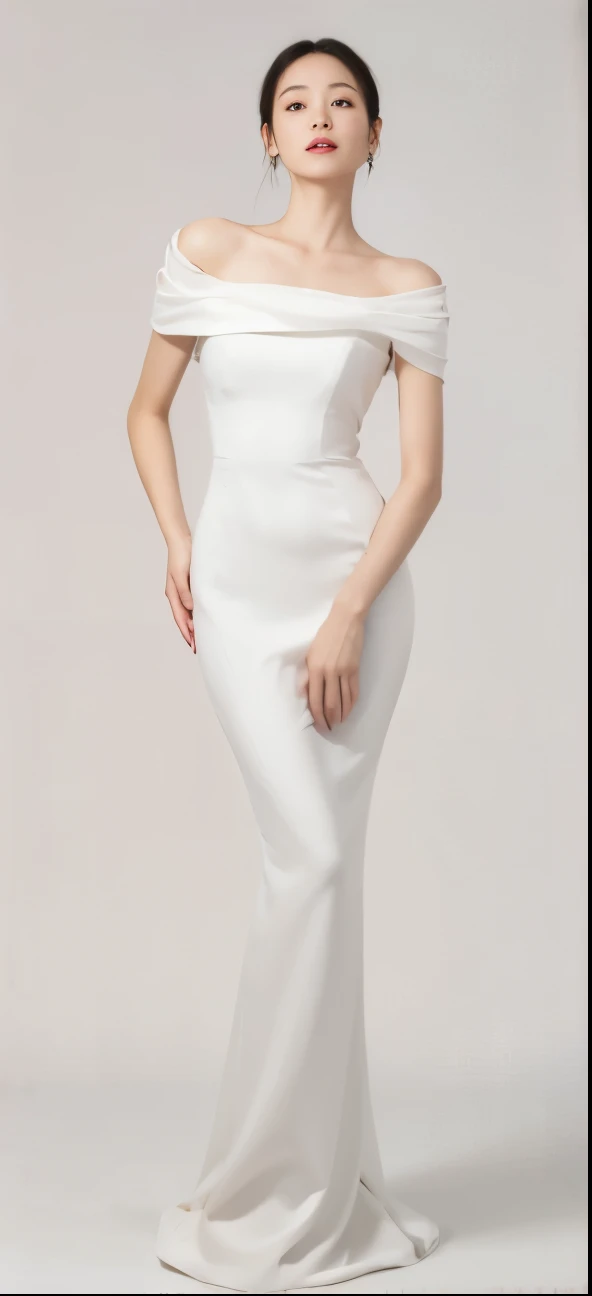A woman in a white dress poses for a photo, white robe, Home, frontal pose, Wearing an ivory dress, Smooth white, grace的不对称, grace, benjamin vnuk, wear robe, sha xi, full body view, Ivory white skin, Wearing a stunning ivory dress, Nicola, 3/4 front view, EUR, Yasumoto Oka
