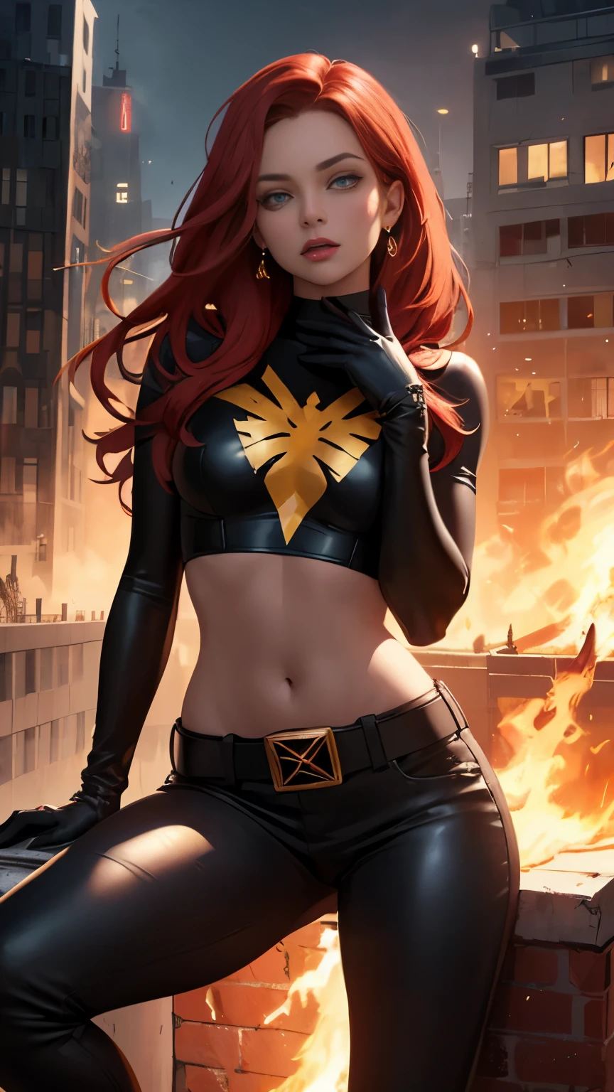 (Highly quality, masterpiece, detailed), burning city detailed scenario, burning city detailed background, jean-grey, belt, red leather crop top, gloves, Phoenix symbol on chest, red leather pants, sitting on top of a building, navel, perfect face, beautiful eyes, looking at the viewer, Sexy pose