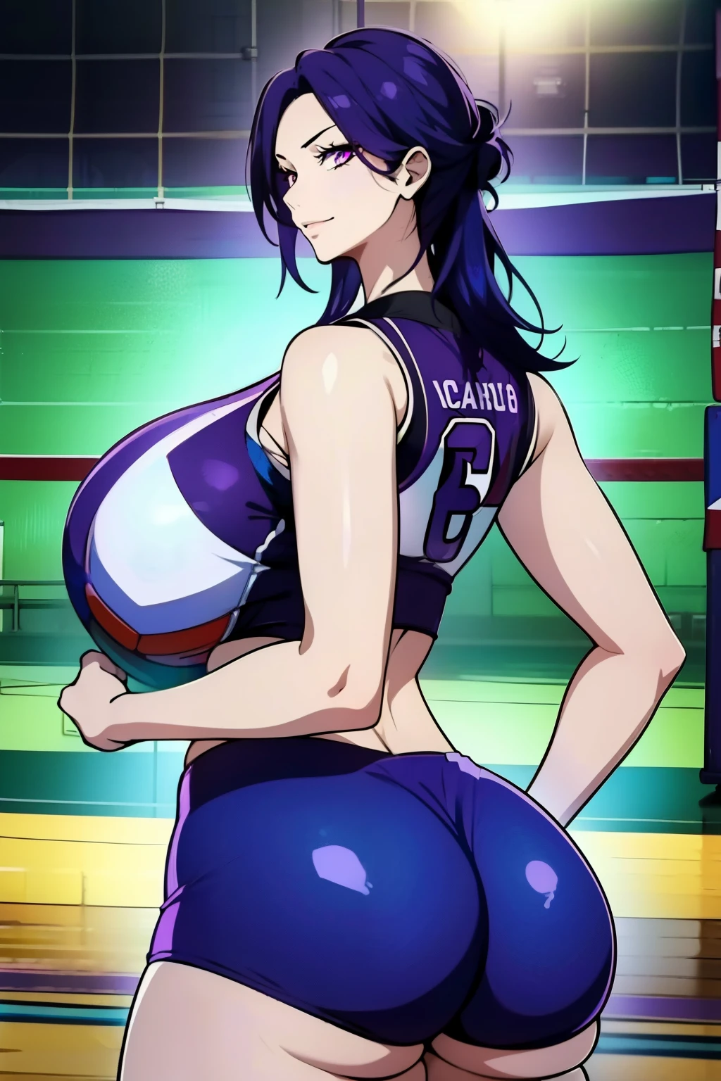 An anime-style artwork depicting acheron from the game Honkai star rail.
Tags: acheronhsr, anime, detailed eyes, detailed lips, (volleyball outfit : 1.4), midriff, smiling expression, intense gaze, glowing emblem on hand, dynamic pose, indoor, volleyball court, vibrant colors, digital art, high-resolution, professional quality, gigantic breasts, curvy, cowboy shot, (gigantic breasts: 1.4), (purple eyes: 1.4), (blue hair: 1.6), short hair, curvy ass, (big butt : 1.4), (bubble butt : 1.4), from behind, back view