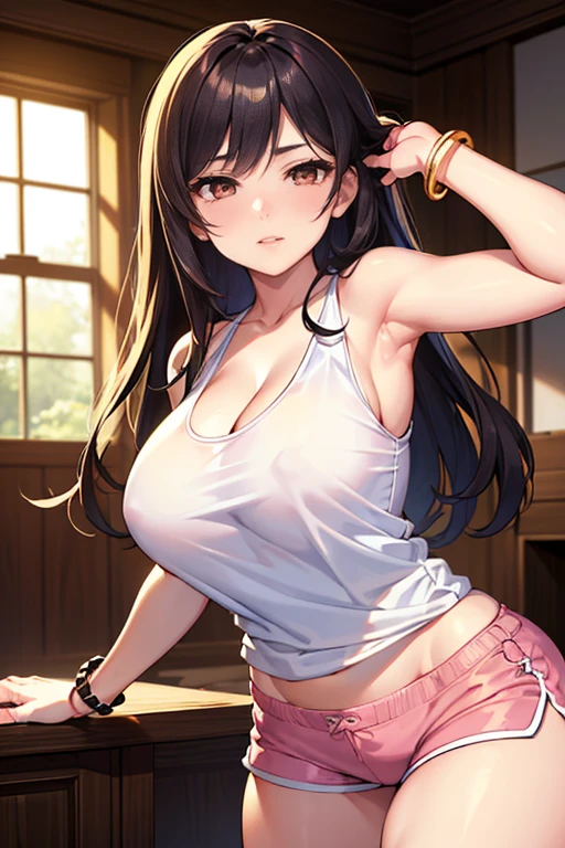 (Ultra Masterpiece, Best quality), Intricate Face, (Absurdres), (Skindentation), (Best shadow), (Anime), Steely eyes, /(Tsundere face)/, /(Tsundere looks)/, (Perfect face)+, (seductive beauty)+, (Gyaru), Huge breasts, Very curvy, (dark hair), Long hair, Bracelets, Beautiful hairstyle, (amber eyes), Full lips, (face filled with happiness, shy expression), (cute), ((beautiful character design)), At home, (Intricate Clothes), (intricate clothes), Professional photo, (Toned legs, Thick thighs), Big breasts, Ray tracing, (Perfect face)+, Octane render, good looking tank-top, ((white) loose tank-top: 1.3), good-looking shorts, ((pink) shorts: 1.2), shorts, open clothes, (cleavage), At home, Huge breasts, (Shiny skin), (healthy body), 1 Female, (bold and assertive pose), (Very sexy+, Gorgeous woman++, young beautiful woman+), ( Facing the viewer ), (Tsundere)+