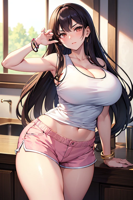 (Ultra Masterpiece, Best quality), Intricate Face, (Absurdres), (Skindentation), (Best shadow), (Anime), Steely eyes, /(Tsundere face)/, /(Tsundere looks)/, (Perfect face)+, (seductive beauty)+, (Gyaru), Huge breasts, Very curvy, (dark hair), Long hair, Bracelets, Beautiful hairstyle, (amber eyes), Full lips, (face filled with happiness, shy expression), (cute), ((beautiful character design)), At home, (Intricate Clothes), (intricate clothes), Professional photo, (Toned legs, Thick thighs), Big breasts, Ray tracing, (Perfect face)+, Octane render, good looking tank-top, ((white) loose tank-top: 1.3), good-looking shorts, ((pink) shorts: 1.2), shorts, open clothes, (cleavage), At home, Huge breasts, (Shiny skin), (healthy body), 1 Female, (bold and assertive pose), (Very sexy+, Gorgeous woman++, young beautiful woman+), ( Facing the viewer ), (Tsundere)+