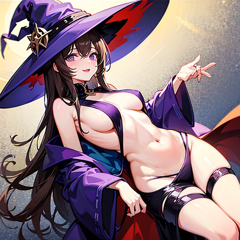 1 , young, long brown hair, witch, purple witch hat, big witch hat, sexy, large breasts, sideboobs, loose robes, exposed bellybutton, happy expression, on the street