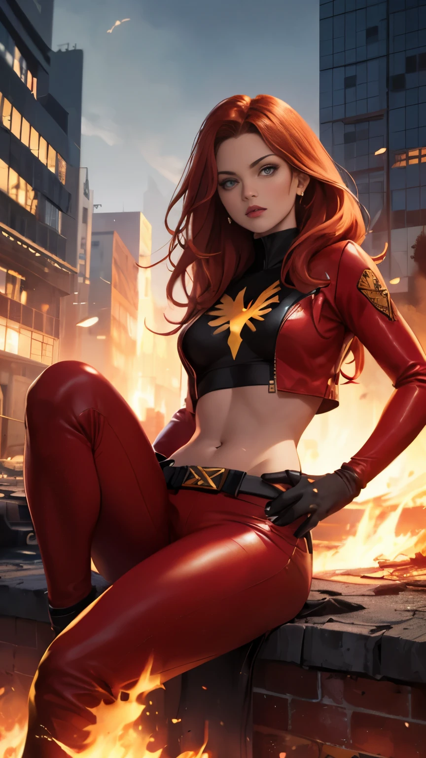 (Highly quality, masterpiece, detailed), burning city detailed scenario, burning city detailed background, jean-grey, belt, red leather crop top, gloves, Phoenix symbol on chest, red leather pants, sitting on top of a building, navel, perfect face, beautiful eyes, looking at the viewer, Sexy pose