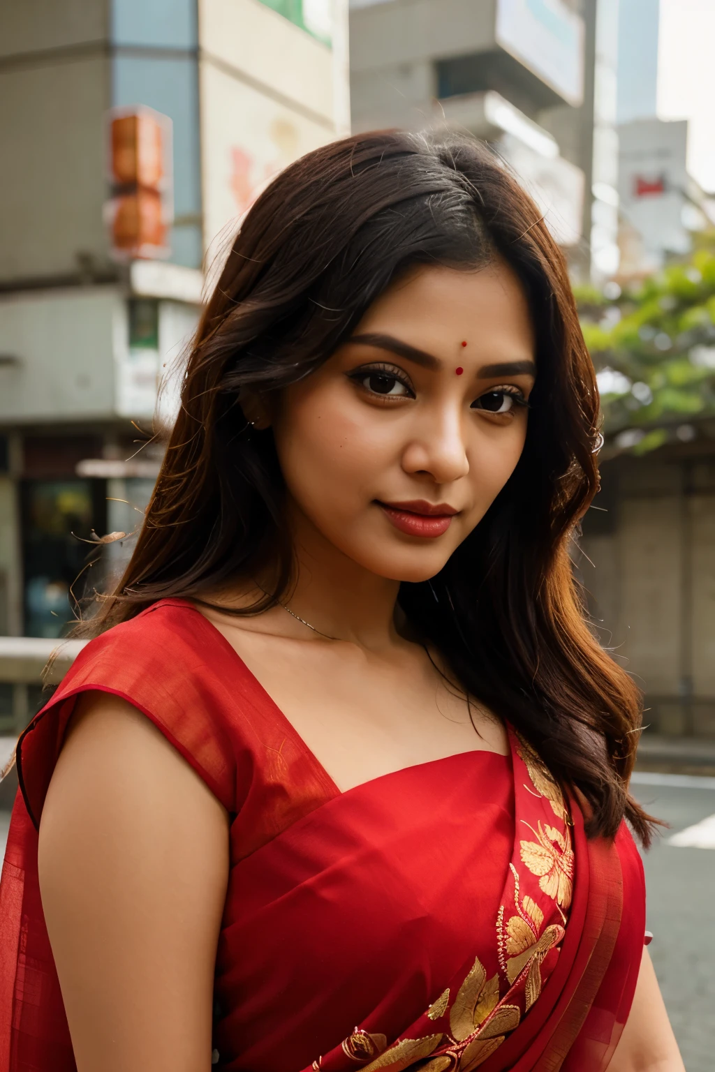 close up of a beautiful woman in Red saree and blouse, is in tokyo environment
