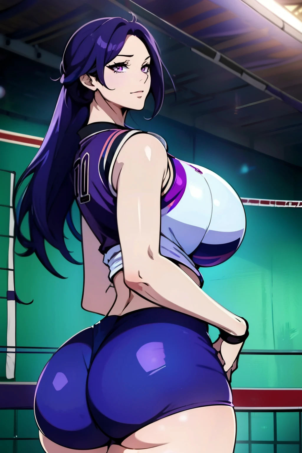 An anime-style artwork depicting acheron from the game Honkai star rail.

Tags: acheronhsr, anime, detailed eyes, detailed lips, (volleyball outfit : 1.4), midriff, smiling expression, intense gaze, glowing emblem on hand, dynamic pose,  indoor, volleyball court, vibrant colors, digital art, high-resolution, professional quality, gigantic breasts, curvy, cowboy shot, (gigantic breasts: 1.4), (purple eyes: 1.4), (blue hair: 1.6), short hair, curvy ass, (big butt : 1.4), (bubble butt : 1.4), from behind, back view