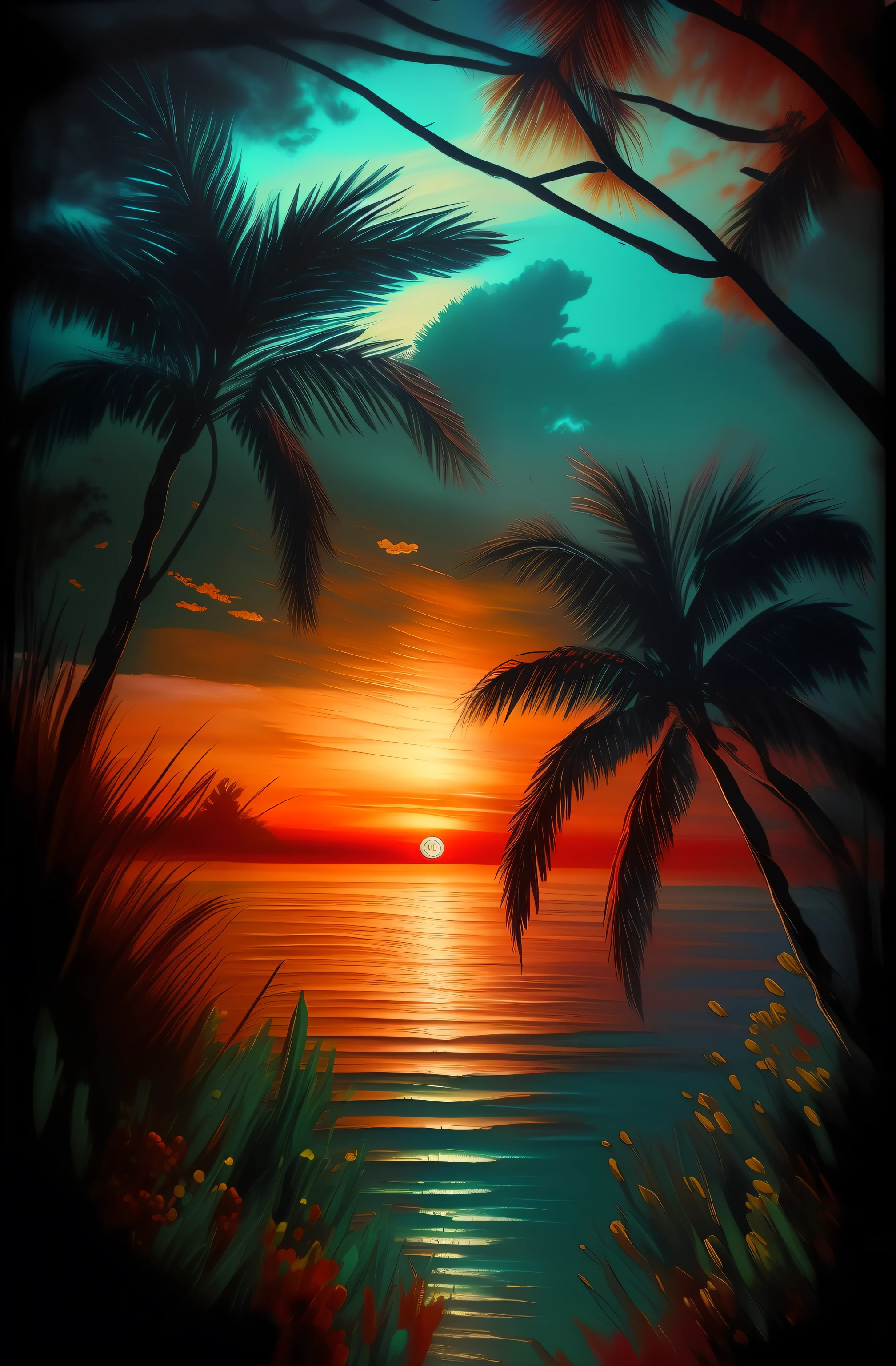 a painting of a sunset with palm trees and the sea, farbenfroher Sonnenuntergang, most wunderbeautiful sunset, farbenfroher Sonnenuntergang!, wunderbeautiful sunset, beautiful das Leuchten des Sonnenuntergangs, Naturmalerei, Sonnenuntergang Farbes, tropisches Paradies, Sonnenuntergang Farbe, beautiful sunset, beautiful painting, Atemberaubende Malerei, a beautiful painting, Red sun over paradise, lebendiger Sonnenuntergang, atemberaubende Farben, das Leuchten des Sonnenuntergangs, breathtaking sunset Sunset in best quality, Meisterwerk, ultra high resolution, (Fotorealistisch: 1.4),