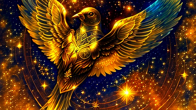 There is a golden bird flying in the sky with the stars, Solarpunk Phoenix, Golden Wings, Phoenix Rise, Mysterious Space Envoy, with fiery Golden Wings, phoenix artwork, Symbol of rebirth, Ophanim has bird wings, phoenix, Phoenix Rise from the ashes, ''Phoenix Wallpapers, Golden Feather, Golden Wings, Holy Spirit