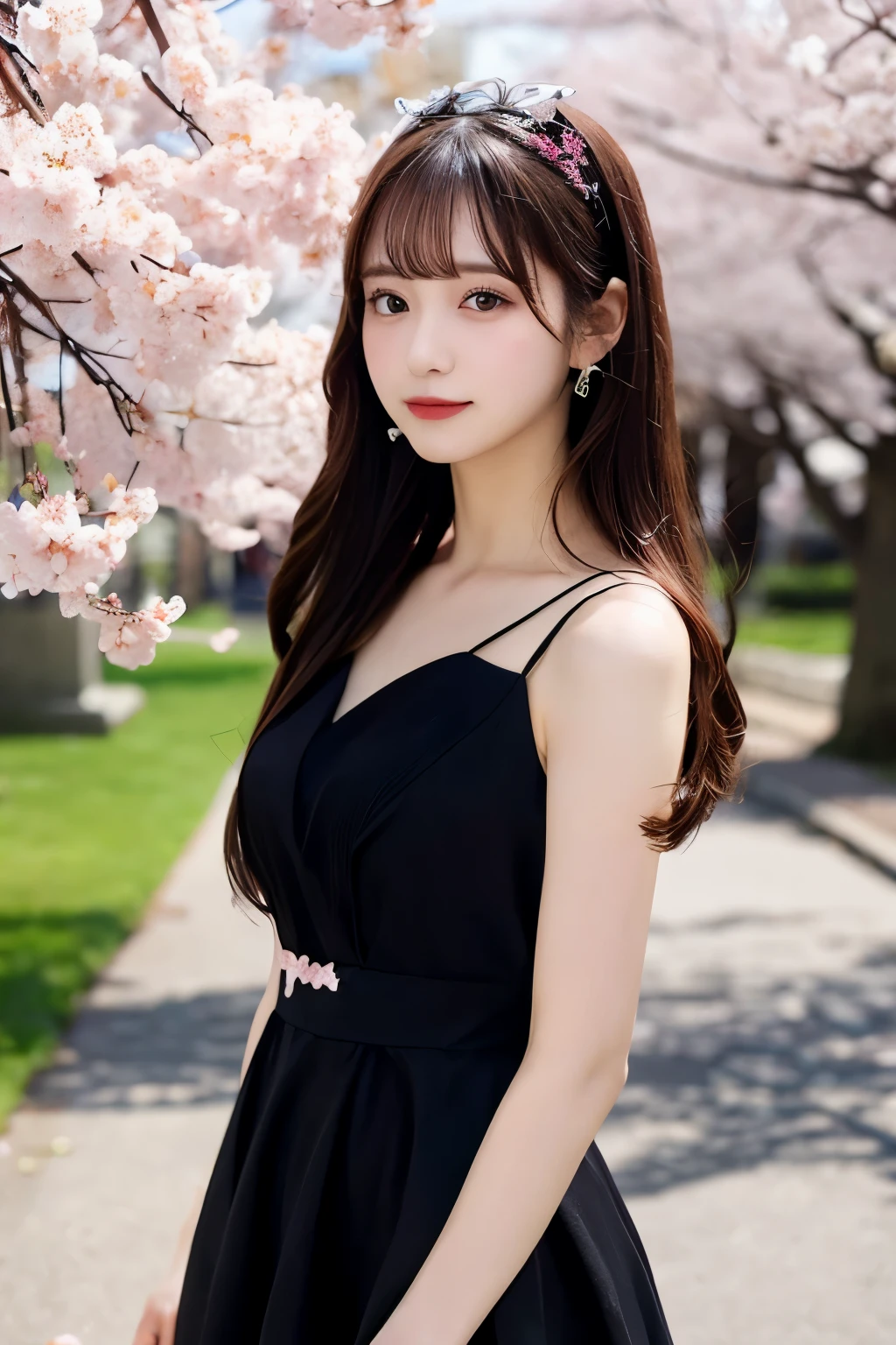 Background with cherry blossoms、Cherry tree、 The dress is black、 whole body