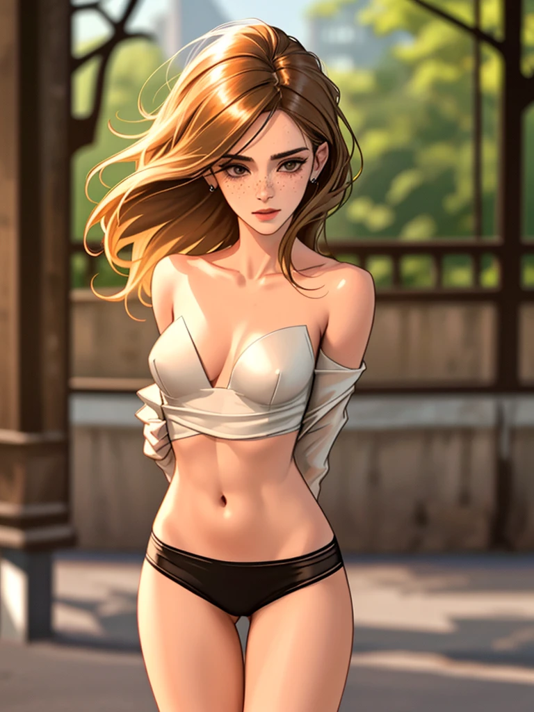 (Masterpiece, best quality, photorealistic, highres, photography:1.3), close-up portrait, sharp focus, 1 brunette girls, European fashion models, flawless skin, slim feminine appearance, flat abdomen, slender abs, cleavage, messy long hair, detailed hair strands, delicate sexy face, allure look, ((detailed makeup)), outdoor fashion photoshoot, standing pose, ((realistic, ultra realistic, realism, realistic detail)), freckles, blush, brown hair with blonde streaks, jewelry, (orgasm face)