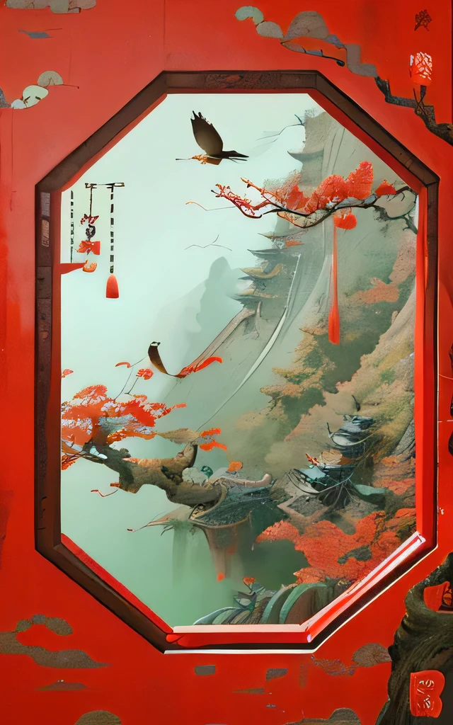 There is a photo of a red wall，There is a tree and a bird on the wall, Chinese style景, Surreal Waizi Flowers, Beautiful digital art work, Highly detailed digital artwork, Dreamy Chinatown, Oriental wallpaper, Gorgeous composition, Inspired by Xie Shichen, Japanese Landscape, Beautiful art UHD 4K, breathtaking composition, 4K Fine Digital Art, Chinese style