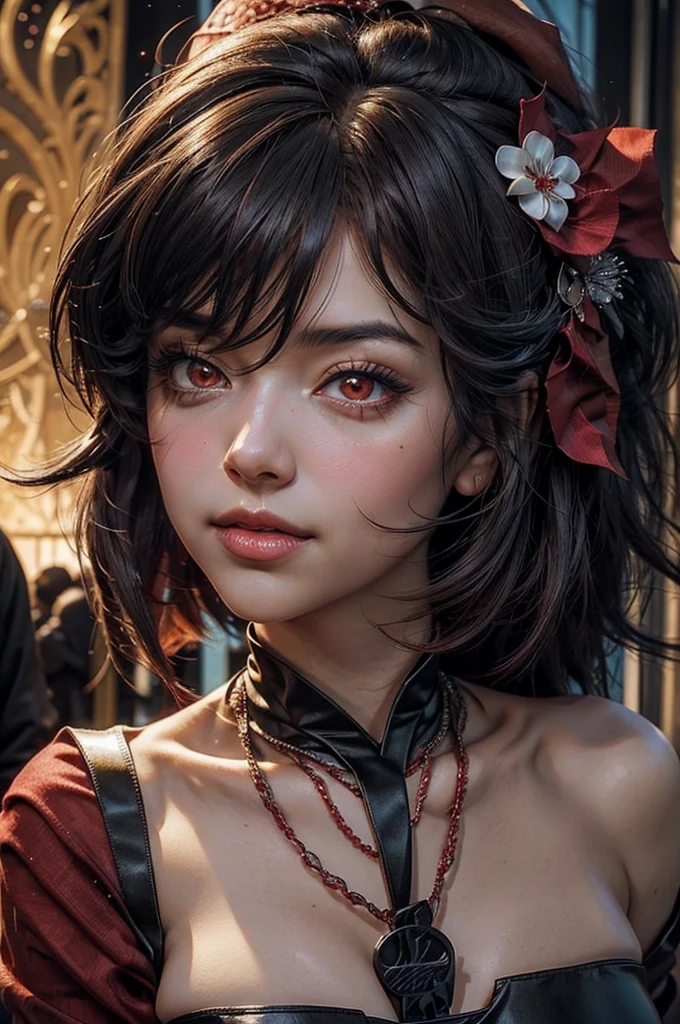 stunning girlfriend, (standing:1.1), dynamic pose, heart shaped face, elegant face, beautiful face, highly detailed face, highly detailed skin, skin pores, subsurface scattering, realistic pupils, loving smile, looking at viewer, full face blush, full lips, detailed background, depth of field, atmospheric perspective, volumetric lighting, sharp focus, absurdres, realistic proportions, good anatomy, (realistic, hyperrealistic:1.4), 16k hdr, 1girl, bangs, black_hair, black_kimono, breasts, flower, hair_between_eyes, hair_flower, hair_ornament, japanese_clothes, thighhighs kimono, long_hair, looking_at_viewer, multicolored_hair, night, stars, obi, red_eyes, red_hair, sash, evening, standing, in palace library, books on shelves, stained glass windows, marble floor, crowd