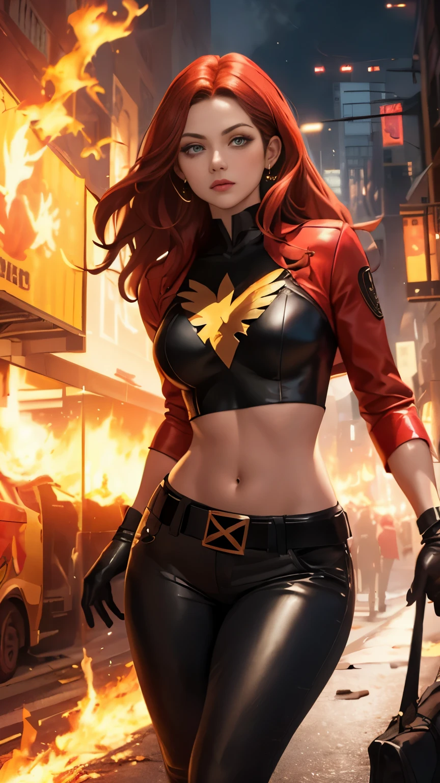 (Highly quality, masterpiece, detailed), burning city detailed scenario, burning city detailed background, jean-grey, belt, red leather crop top jacket, gloves, Phoenix symbol on chest, red leather pants, navel, perfect face, beautiful eyes, looking at the viewer, Sexy pose