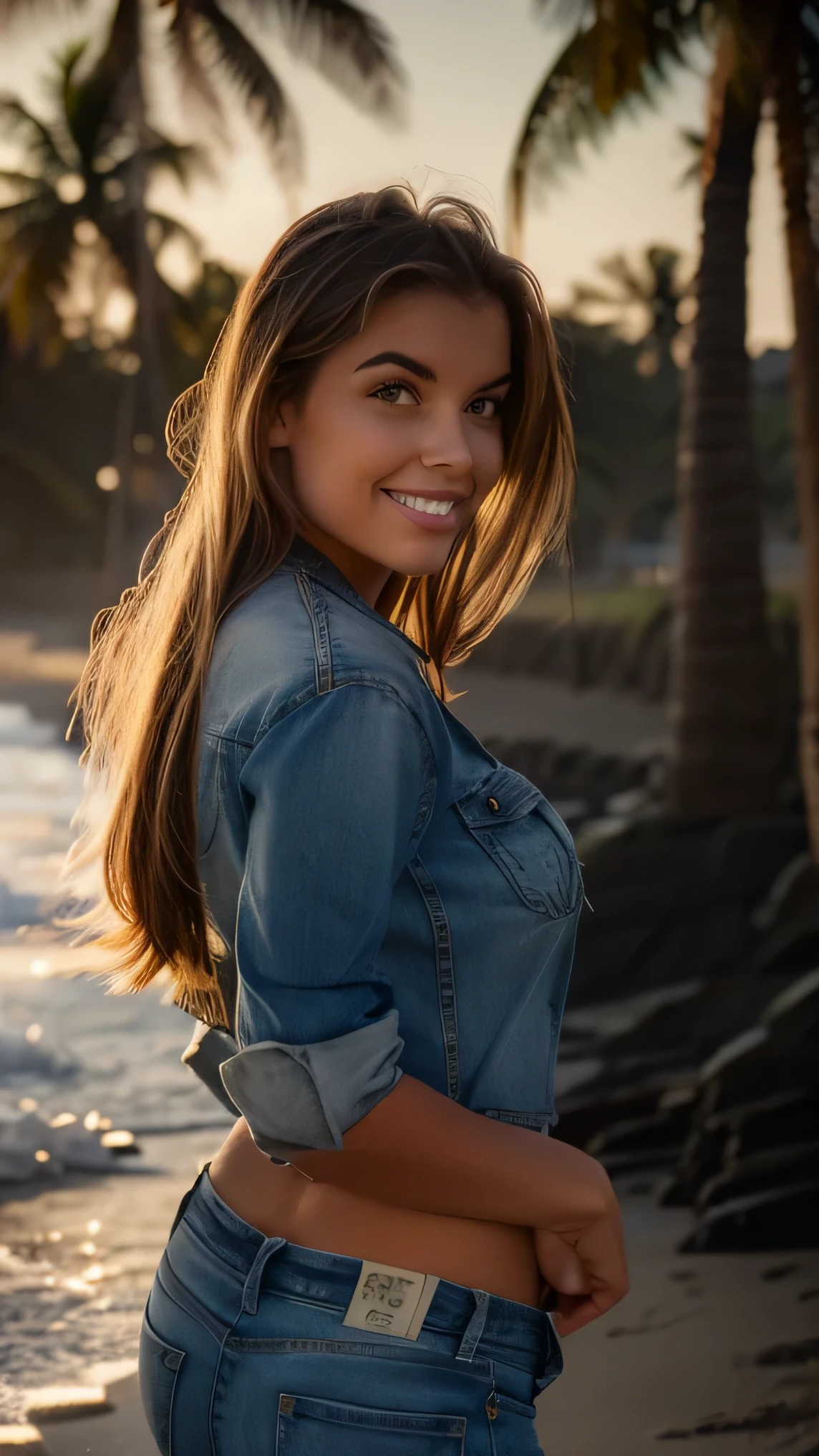queixo feminino, sorriso aberto, at the beach, dentes perfeitos, 8k, rear view, wearing jeans