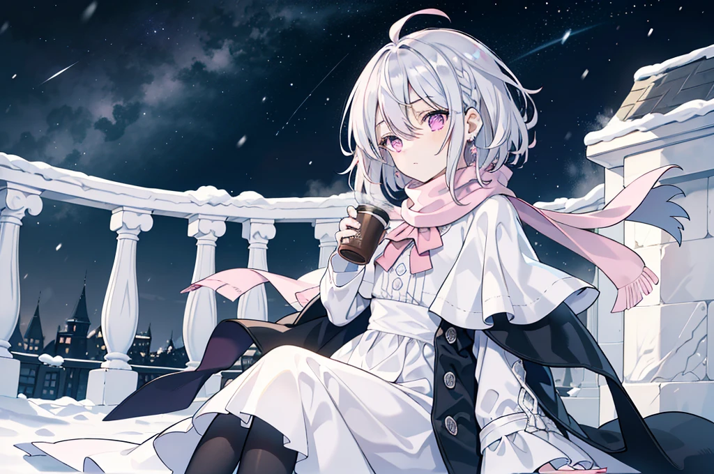 (best quality), (top-quality), (hight resolution), 8K images, (masterpiece), ((perfect face)), (detailed face), (detailed eyes), (clear lines), hair strand,Light skin, ((1girl)), (solo), beautiful fantasy anime, top rated on pixiv, ((short hair)), (expressive eyes), (perfect eyes), (((light_pink eyes))), perfect face, tired, (white silver hair), (white hair), braided bangs, wind blowing hair, hair over eyes, earrings, {{{{{{{super flat chest}}}}}}}, {{{{{{{flat chest}}}}}}}, (flat chest),winter outfit, White Gothiclolita,pink bow,fur hat, fur capelet, Full body like,Long scarf, starry night,at winter season,Award-winning photo,extremely detailed,finely detailled, snowy street, snow storm, cozy winter, strong wind, sitting, from the balcony, holding a cup of hot tea, in the town