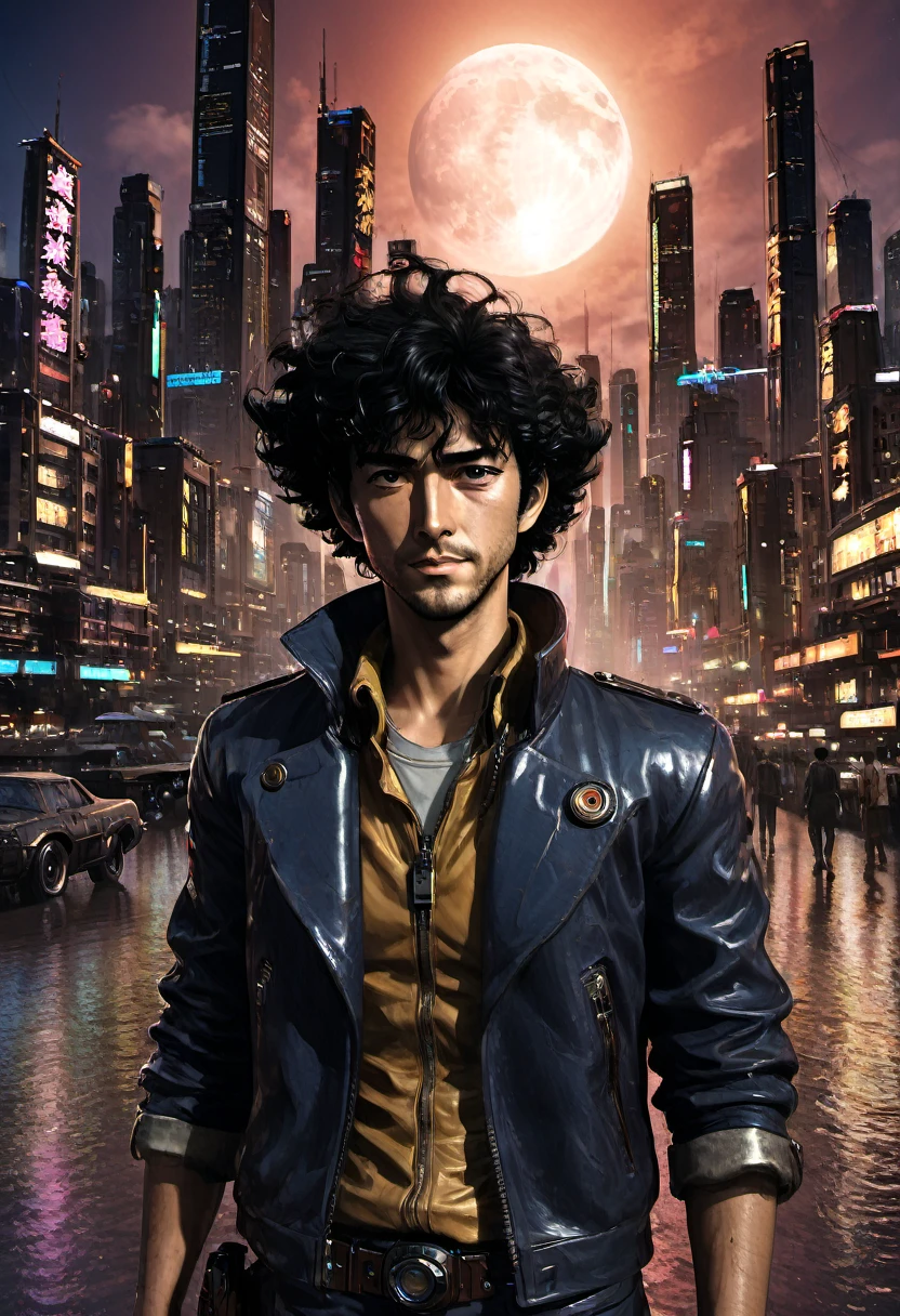 1boy, Spike Spiegel, Cowboy Bebop, brown eyes, smile, black hair, cbbebop, cbbebop spaceship, (best quality,4k,8k,highres,masterpiece:1.2),ultra-detailed,(realistic,photorealistic,photo-realistic:1.37),worn-out,post-apocalyptic,gritty,dark-colored,retro,sci-fi,cyberpunk,anime,neon lights,deserted city,chrome,synthetic materials,weathered leather,sleek spaceships,explosions,looming skyscrapers,vivid colors,futuristic technology,dystopian landscape,moonlit sky,cigarette smoke,detectives in long coats,mystery-filled,elegant jazz music,loneliness and nihilism,pastel colors and sunsets,blurred backgrounds,hard-boiled antiheroes,gritty gunfights,interstellar bounty hunters,dramatic city skylines,stylized visuals of city life,edgy graffiti,expressive facial expressions,action-packed chase scenes,cool and confident characters,retro-futuristic architecture,cinematic camera angles,provocative and thought-provoking compositions