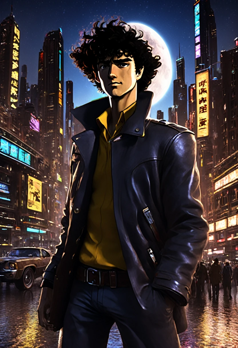 1boy, Spike Spiegel, Cowboy Bebop, brown eyes, smile, black hair, cbbebop, cbbebop spaceship, (best quality,4k,8k,highres,masterpiece:1.2),ultra-detailed,(realistic,photorealistic,photo-realistic:1.37),worn-out,post-apocalyptic,gritty,dark-colored,retro,sci-fi,cyberpunk,anime,neon lights,deserted city,chrome,synthetic materials,weathered leather,sleek spaceships,explosions,looming skyscrapers,vivid colors,futuristic technology,dystopian landscape,moonlit sky,cigarette smoke,detectives in long coats,mystery-filled,elegant jazz music,loneliness and nihilism,pastel colors and sunsets,blurred backgrounds,hard-boiled antiheroes,gritty gunfights,interstellar bounty hunters,dramatic city skylines,stylized visuals of city life,edgy graffiti,expressive facial expressions,action-packed chase scenes,cool and confident characters,retro-futuristic architecture,cinematic camera angles,provocative and thought-provoking compositions