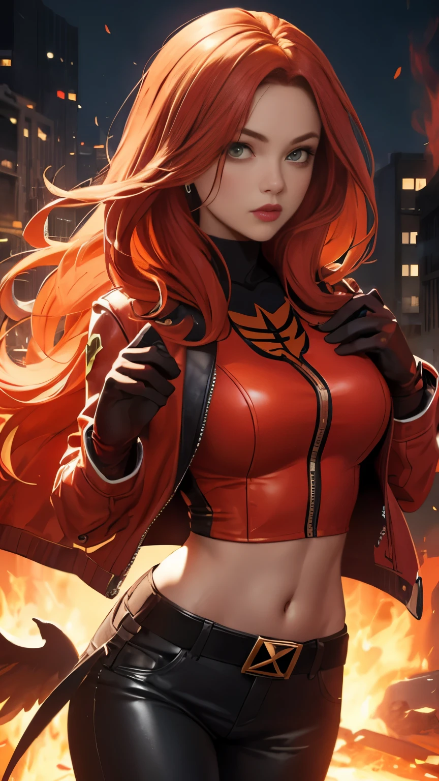 (Highly quality, masterpiece, detailed), burning city detailed scenario, burning city detailed background, jean-grey, belt, red leather crop top jacket, gloves, Phoenix symbol on chest, red leather pants, navel, perfect face, beautiful eyes, looking at the viewer, Sexy pose