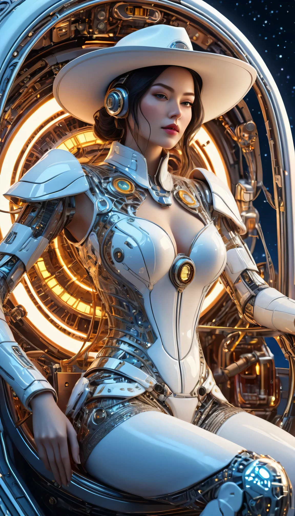 Complex 3D rendering ,Beautiful porcelain contoured mechanical Cowboy on spaceship, cyborg, integrated circuit parts, Cowboy hat, rim light, Vibrant details, Luxury Cyberpunk, lace, hyperactual, anatomical, cable wires, microchip, elegant, Starry Sky, Inside the spaceship, octane rendering, H. r. Fixture style, 8k, best quality, masterpiece, illustration, extremely delicate and beautiful, Very detailed ,CG ,unity ,wallpaper, (actual, photo-actual:1.37),amazing, Science Fiction, Exquisite details, Silver ead