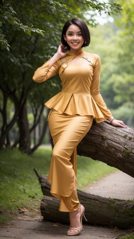 (high quality), (masterpiece), (high-resolution), original, extremely detailed 8K wallpaper, (an extremely delicate), a young girl Malay, short black hair bob cut, wearing baju kurung peplum ((baju kurung peplum: 1.6)) with a flat chest ((flat chest: 1.6)) breasts, Malay hot model, attractively, plump and dainty body figure, photorealistic perfect body figure, really flat chest breasts, ultra realistic picture, perfect detail body figure, leaning seductive on a tree trunk, nose blush, big laugh,