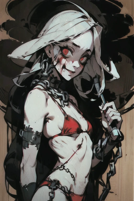 ((Background made up of chains and ruins))、scribble, nightmare, doll-like face, Cartoon style, rough sketch, Horror elements, (masterpiece), (High resolution), (Ultra delicate), (clear), Manga style illustration, (drawing style), Japanese painting, The whole body is scary, (Spooky), Japan sculpture,crazy illustration, Flat illustration, Spookyな外観, Characteristic hairstyle, Unique atmosphere、Splattering blood、Beautiful Frankenstein、Small eyes、(Flat Chest), Mr.々colored hair,Chains wrapped around the body、(A sewn-together body))、They're coming at me.,Skin full of stitches,restrained by thick chains,Red Bikini