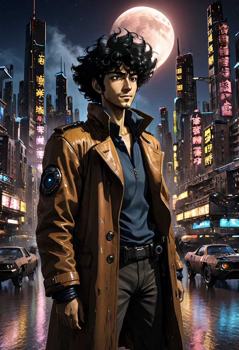 1boy, Spike Spiegel, Cowboy Bebop, brown eyes, smile, black hair, cbbebop, cbbebop spaceship, (best quality,4k,8k,highres,masterpiece:1.2),ultra-detailed,(realistic,photorealistic,photo-realistic:1.37),worn-out,post-apocalyptic,gritty,dark-colored,retro,sci-fi,cyberpunk,anime,neon lights,deserted city,chrome,synthetic materials,weathered leather,sleek spaceships,explosions,looming skyscrapers,vivid colors,futuristic technology,dystopian landscape,moonlit sky,cigarette smoke,detectives in long coats,mystery-filled,elegant jazz music,loneliness and nihilism,pastel colors and sunsets,blurred backgrounds,hard-boiled antiheroes,gritty gunfights,interstellar bounty hunters,dramatic city skylines,stylized visuals of city life,edgy graffiti,expressive facial expressions,action-packed chase scenes,cool and confident characters,retro-futuristic architecture,cinematic camera angles,provocative and thought-provoking compositions