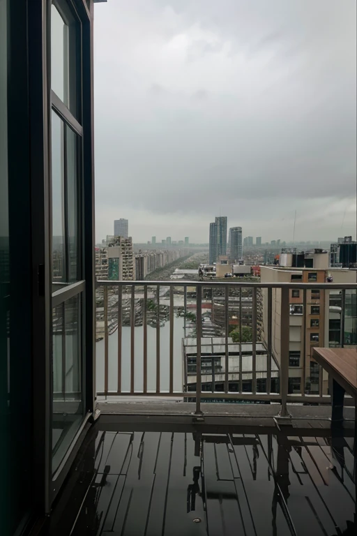 An image of a view from a high veranda on a rainy, empty cityscape