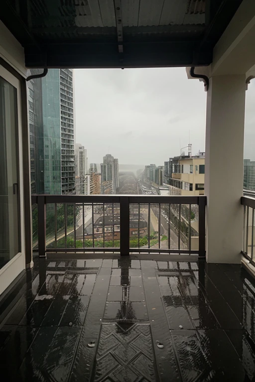 An image of a view from a high veranda on a rainy, empty cityscape