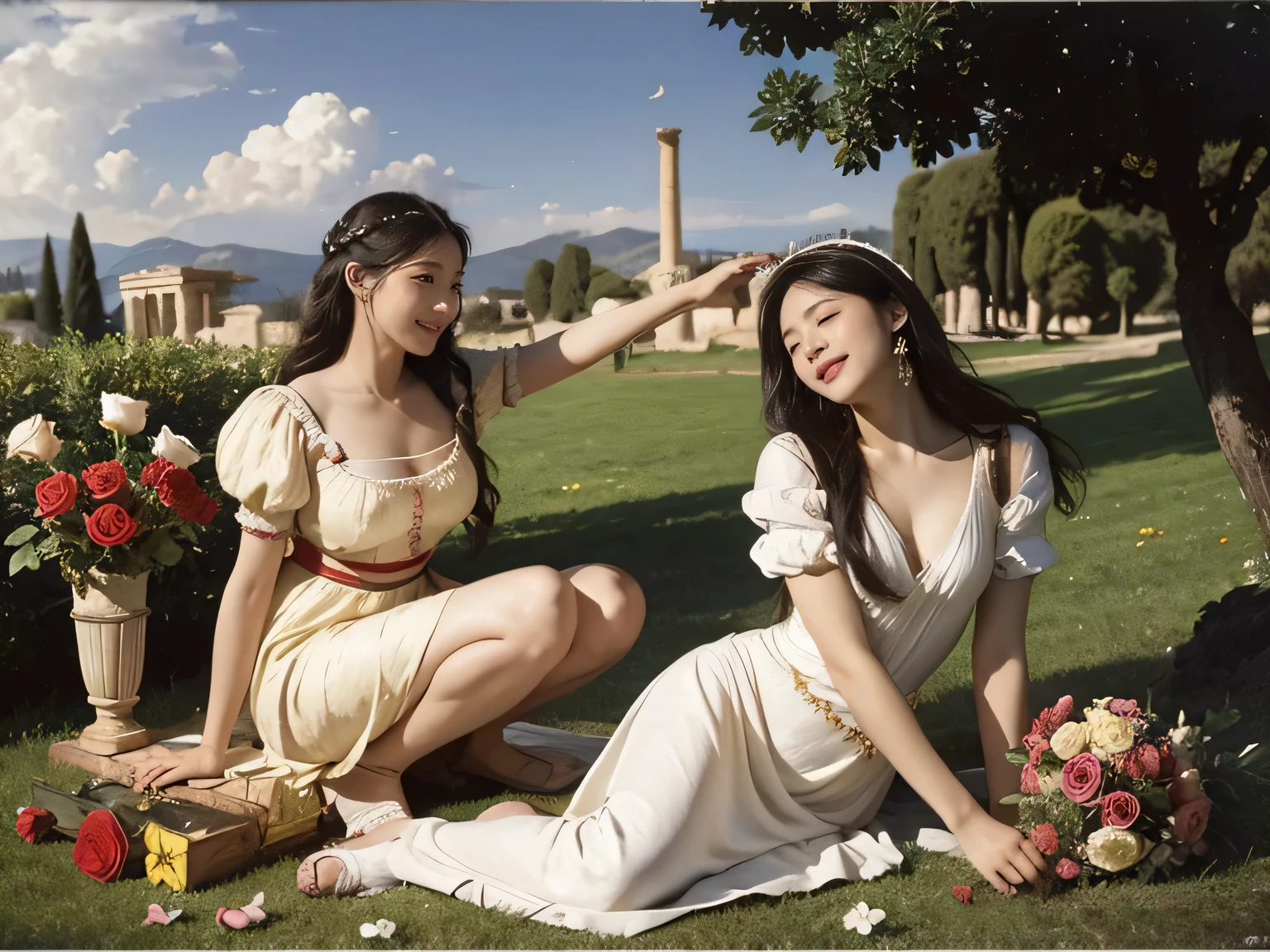 full body portrait or statue、Giorgione painting style,Arguments of two female Philosophe,math、astronomical machine、astronaut、roses in vase、fruits、Cute trinkets、smile、ancient greek costume、Ancient Roman landscape in the style of Nicolas Poussin,laughter,,Sweet and seductive appearance.、Caravaggio's paintings、Chiaroscuro of Caravaggio、hair tousled by the wind,Two women frolicking,cute smile, expression of ecstasy,Sexy,erotic