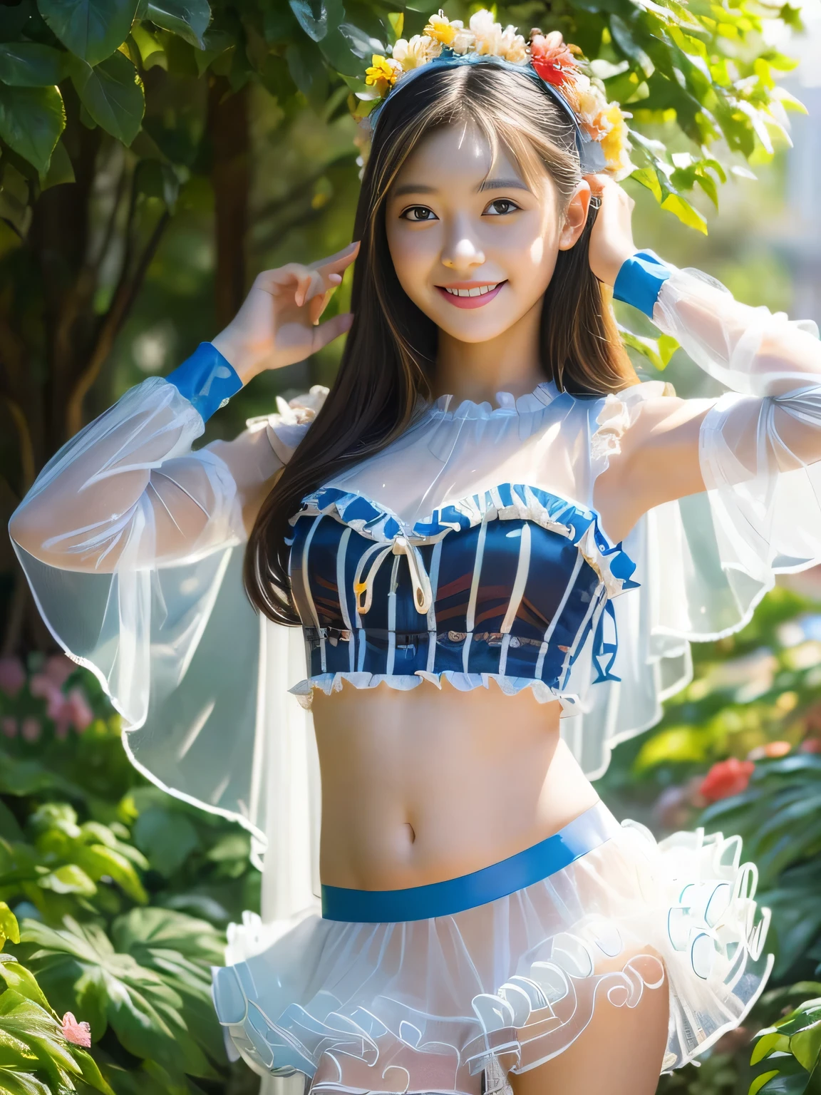 (realistic:2),(masterpiece:2), (highest quality:2),(High-definition face drawing:1.4),(RAW photo:1.3),,(cinematic natural light effects:1.3)(everything is beautiful and perfectly balanced), (Smile of a very happy age girl:1.2),(Japanese: 1.2),(small face:1.2), (dynamic pose:1.5), (Large eyes with good balance between both eyes:1.5), (Colorful idol costumes that show the chest and armpits), (Colorful idol costumes that show the belly button and thighs), (Idol costumes with many see-through underwear-like designs and lots of frills), (Many see-through frills) Idol costume), (Idol costume with many colorful ribbons), (A garden with multiple flowers blooming, a secret garden:1.2), extreme light effects, blonde hair
