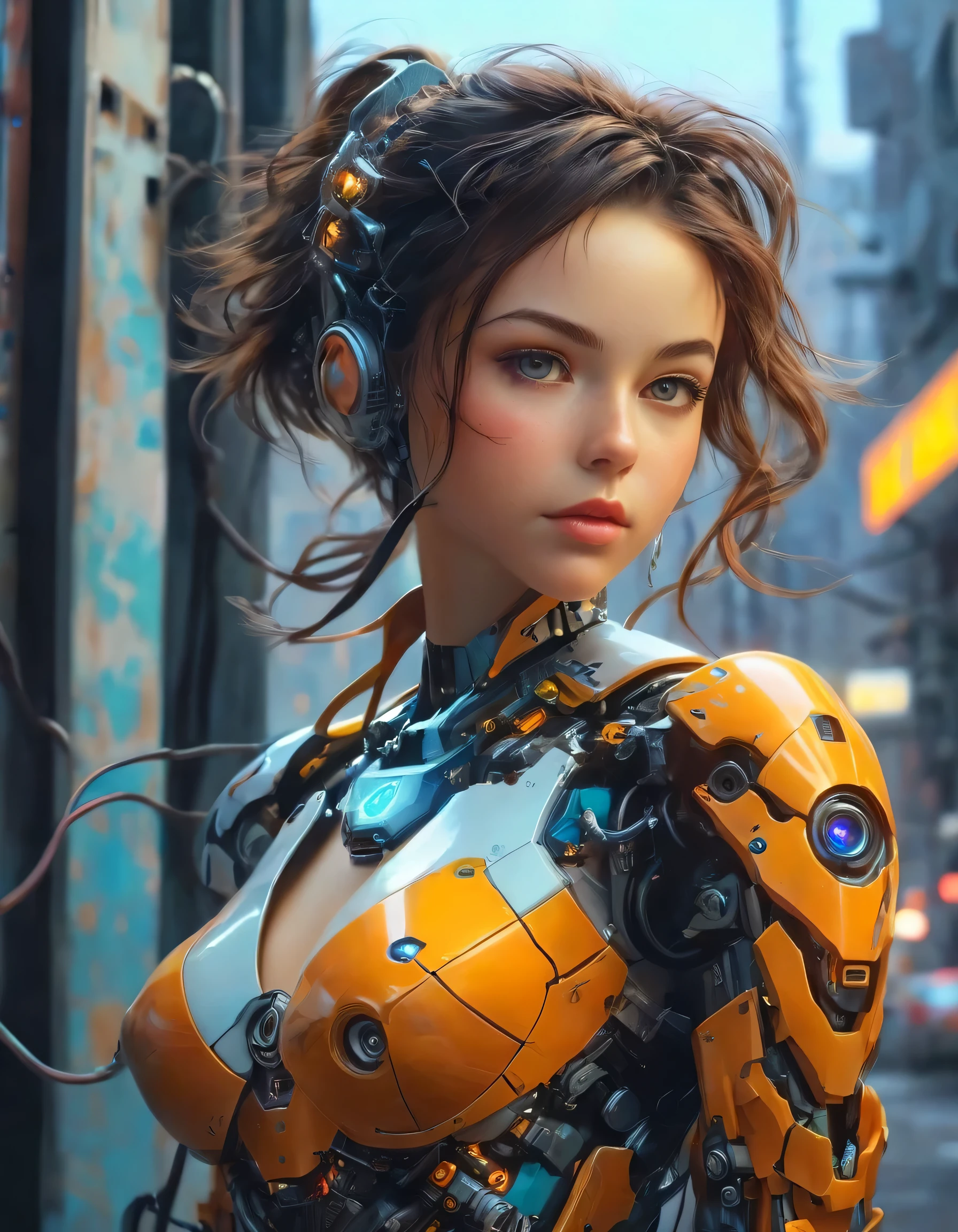 (Best quality,4K,8K,A high resolution,Masterpiece:1.2), Ultra-detailed, (Realistic,Photorealistic,photo-realistic:1.37), Large futuristic charging station, Woman [Gal Gadot:Maude Adams:0.3] charging, Short hair, Cute cyborg girl leaning against the wall, Robotic arm, electrical wires, connections, Beautiful cyborg girl, Cyborg girl, Cyberpunk anime girl with mech set, The perfect anime cyborg woman, Beautiful Caucasian girl with semi-mechanical enhancement, (Cyborg girl), Vibrant colors, Studio lighting.