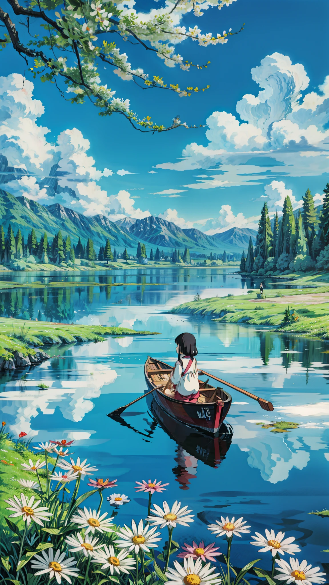 a girl sitting in a boat on a lake, anime beautiful peace scene, anime scenery, anime countryside landscape, beautiful anime scenery, anime nature wallpap, beautifull puffy clouds. anime, dream scenery art, anime landscape, anime scenery concept art, anime nature, makoto shinkai and (cain kuga), beautiful anime art,  4k hd, beautiful art uhd 4 k, a beautiful artwork illustration, beautiful digital painting, highly detailed digital painting, beautiful digital artwork, detailed painting 4 k, very detailed digital painting, rich picturesque colors, gorgeous digital painting