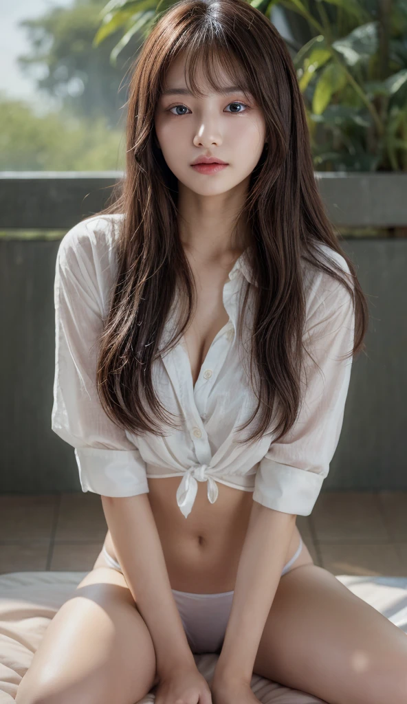 A woman in a white shirt and panties sitting on a bed, korean girl, beautiful south korean woman, clothed in white shirt, wearing in shirt, gorgeous young korean woman, open shirt, wearing white shirt, beautiful young korean woman, korean woman, fine white shirt, in white clothes, heonhwa choe, beautiful asian girl, white shirt.
Masterpiece, ultra detailed, realistic, photo realistic, high detail RAW color photo, professional photograph, extremely detailed, finely detail, lens flare, Dynamic lighting, 8K, RAW Photo, Best High Quality, Masterpiece: 1.2, Ultra HD: 1, High Detail RAW Color Photo, Pro Photo, Realistic, Photo Realistic: 1.5, Live Photo, Super detailed, Masterpiece, Real Skin, Realistic Skin, Realistic HD Eyes, Highly detailed Eyes, Perfect Eyes, Perfect face, Perfect fingers, extremely detailed face, extremely detailed eyes, extremely detailed skin, perfect anatomy.