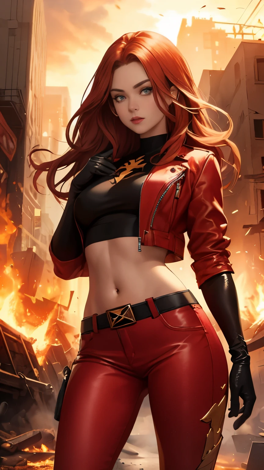 (Highly quality, masterpiece, detailed), burning city detailed scenario, burning city detailed background, jean-grey, belt, red leather crop top jacket, gloves, Phoenix symbol on chest, red leather pants, navel, perfect face, beautiful eyes, looking at the viewer, Sexy pose