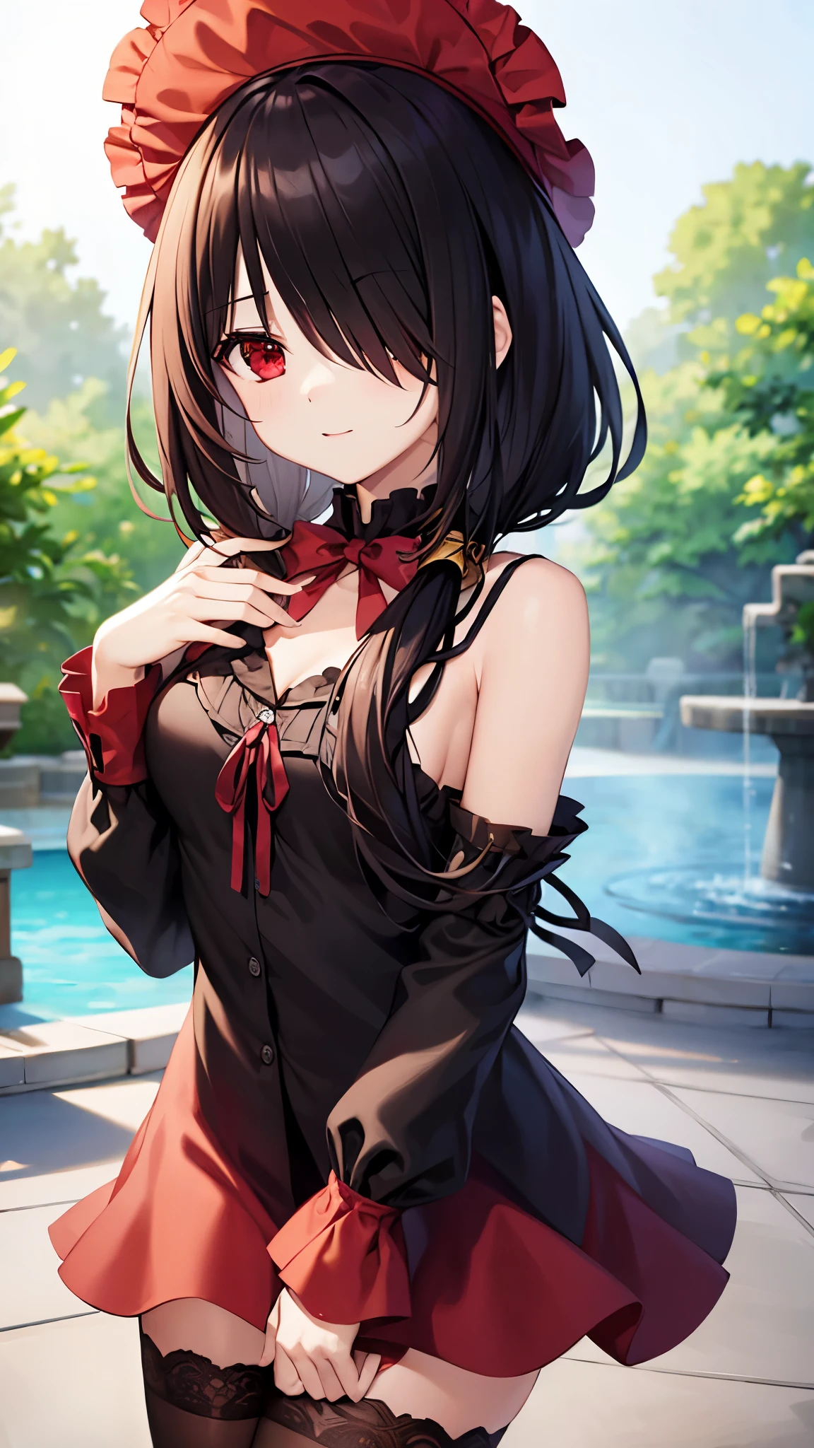 (((masterpiece))),(((best quality))),(((extremely detailed))),illustration,who, (masterpiece, top quality, best quality, official art, beautiful and aesthetic:1.2),(8k, best quality, masterpiece:1.2), tokisaki kurumi, black hair, low twintails, (hair over one eye:1.5), (red eyes:1.2), (small breast:1.2), thighhighs, hat, cleavage, white thighhighs, nurse cap, nurse, upload to tiktok