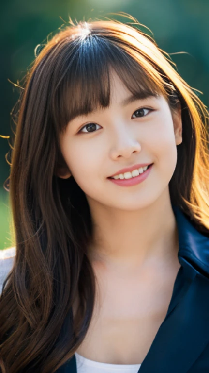 A girl named Asuka, Wavy Hair, Brown Hair, 24 years old, Slender, curly smile, first-person view, lens flare, f/1.8, 135mm, Canon, UHD, retina, masterpiece, ccurate, anatomically correct, textured skin, super detail, high details, high quality, best quality, highres, Medium Hair, Brown Hair, Wavy Hair, 23 years old, busty, Slender, 1080P, HD, 4K, 8k