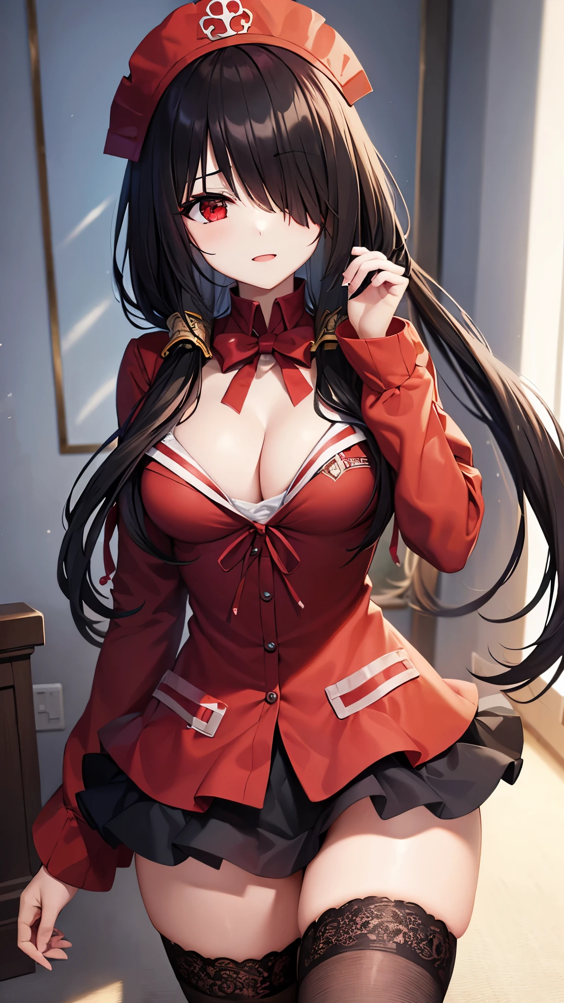 (((masterpiece))),(((best quality))),(((extremely detailed))),illustration,who, (masterpiece, top quality, best quality, official art, beautiful and aesthetic:1.2),(8k, best quality, masterpiece:1.2), tokisaki kurumi, black hair, low twintails, (hair over one eye:1.5), (red eyes:1.2), (small breast:1.2), thighhighs, hat, cleavage, white thighhighs, nurse cap, nurse, upload to tiktok