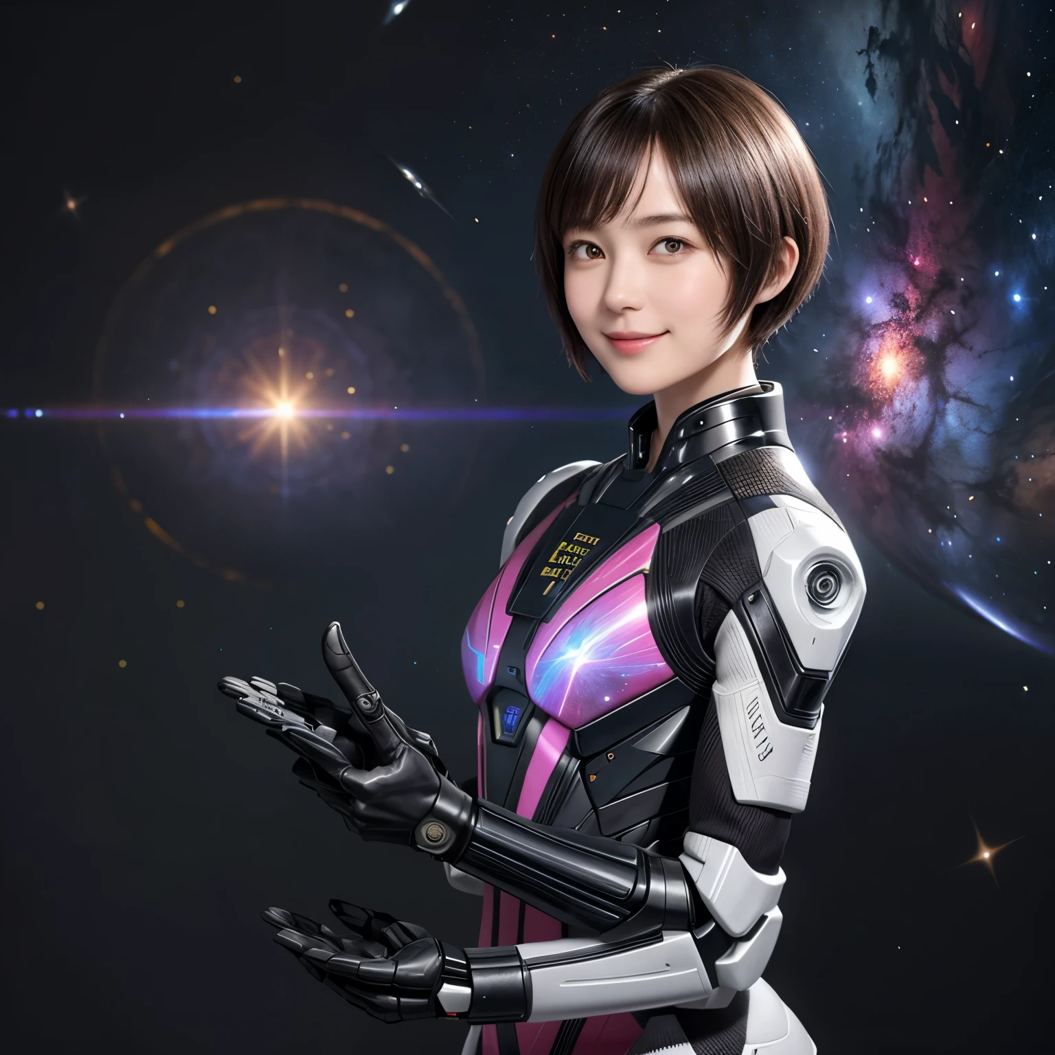 208 Short Hair, 20 year old female, Floral, A kind smile, Futuristic clothing, Mechanical Suit, (The background is a galaxy and nebula)