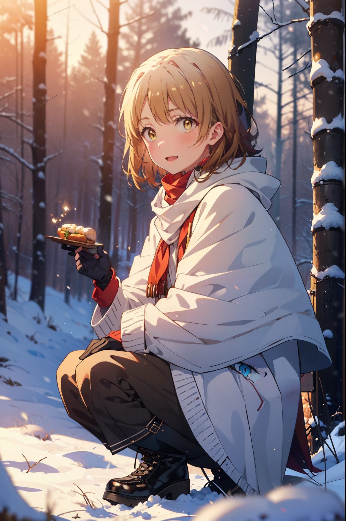 irohaisshiki, iroha isshiki, short hair, brown hair, (Brown eyes:1.5), smile,
Open your mouth,snow, Food, fire, Outdoor, boots, snowing, From the side, wood, suitcase, Cape, Blurred, Food up, forest, gloves, nature, Brown eyes, red gloves, Squat, Mouth closed, Fooded Cape, winter, Written boundary depth, Black shoes, red Cape break looking at viewer, Upper Body, whole body, break Outdoor, forest, nature, break (masterpiece:1.2), highest quality, High resolution, unity 8k wallpaper, (shape:0.8), (Fine and beautiful eyes:1.6), Highly detailed face, Perfect lighting, Highly detailed CG, (Perfect hands, Perfect Anatomy),