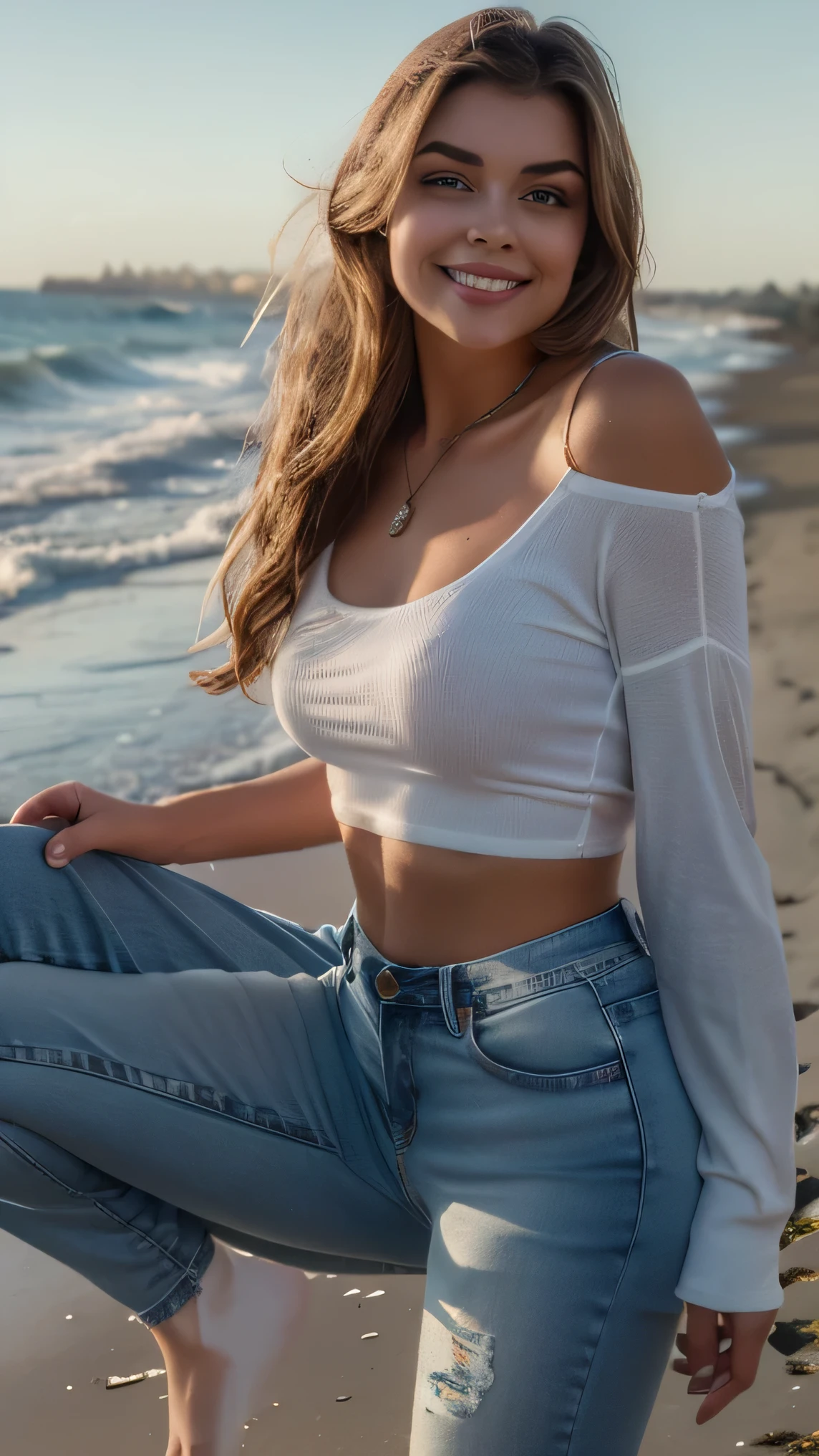 queixo feminino, sorriso aberto, dentes perfeitos, 8k, at the beach, good for work, wearing jeans