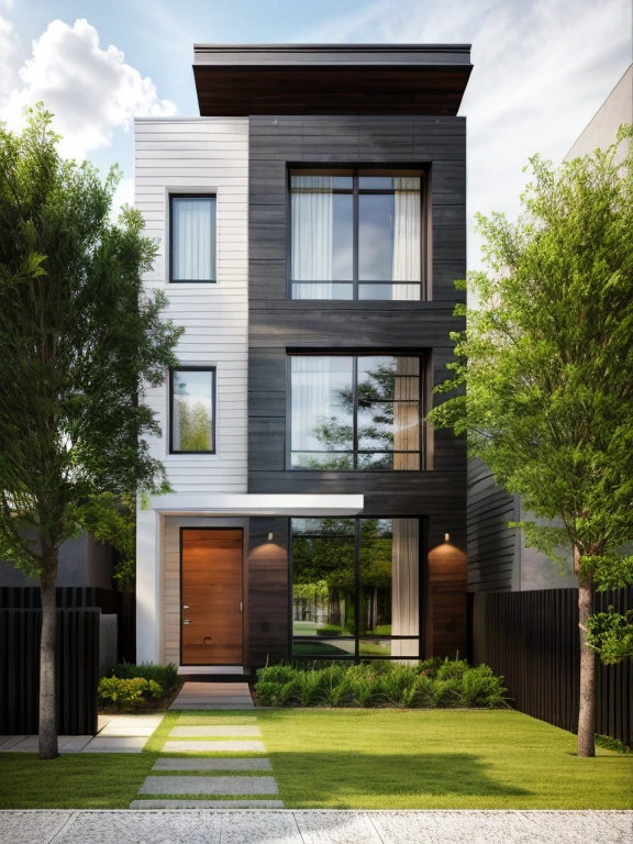exterior house, contemporary style, white wall, wood wall, wood door, glass window, (realistic:1.2), Masterpiece, high quality, best quality, authentic, super detail, outdoors,road,pavement, grass, trees, sky, cloud, (daylight:1.1)