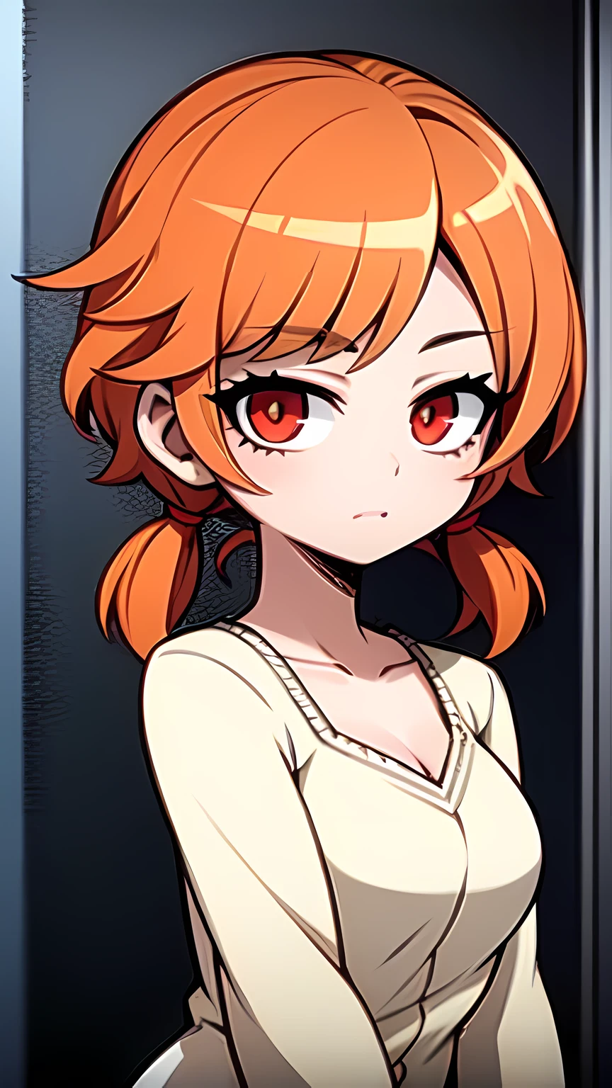 1girl,solo,upper body,looking at viewer,facing viewer,short low twintails,orange curly hair,red eyes,twin parted bangs,hair pulled back