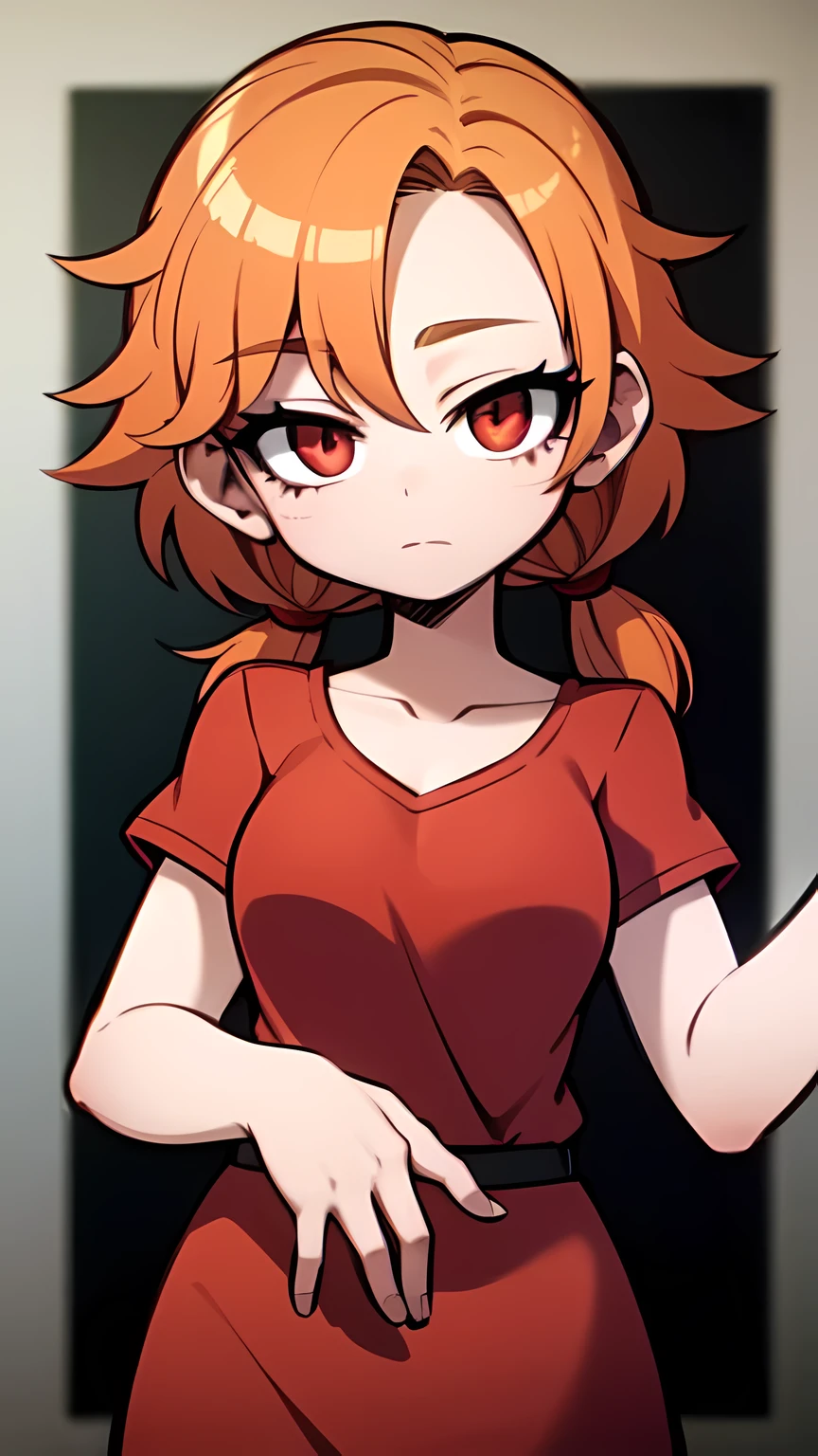 1girl,solo,upper body,looking at viewer,facing viewer,short low twintails,orange curly hair,red eyes,twin parted bangs,hair pulled back