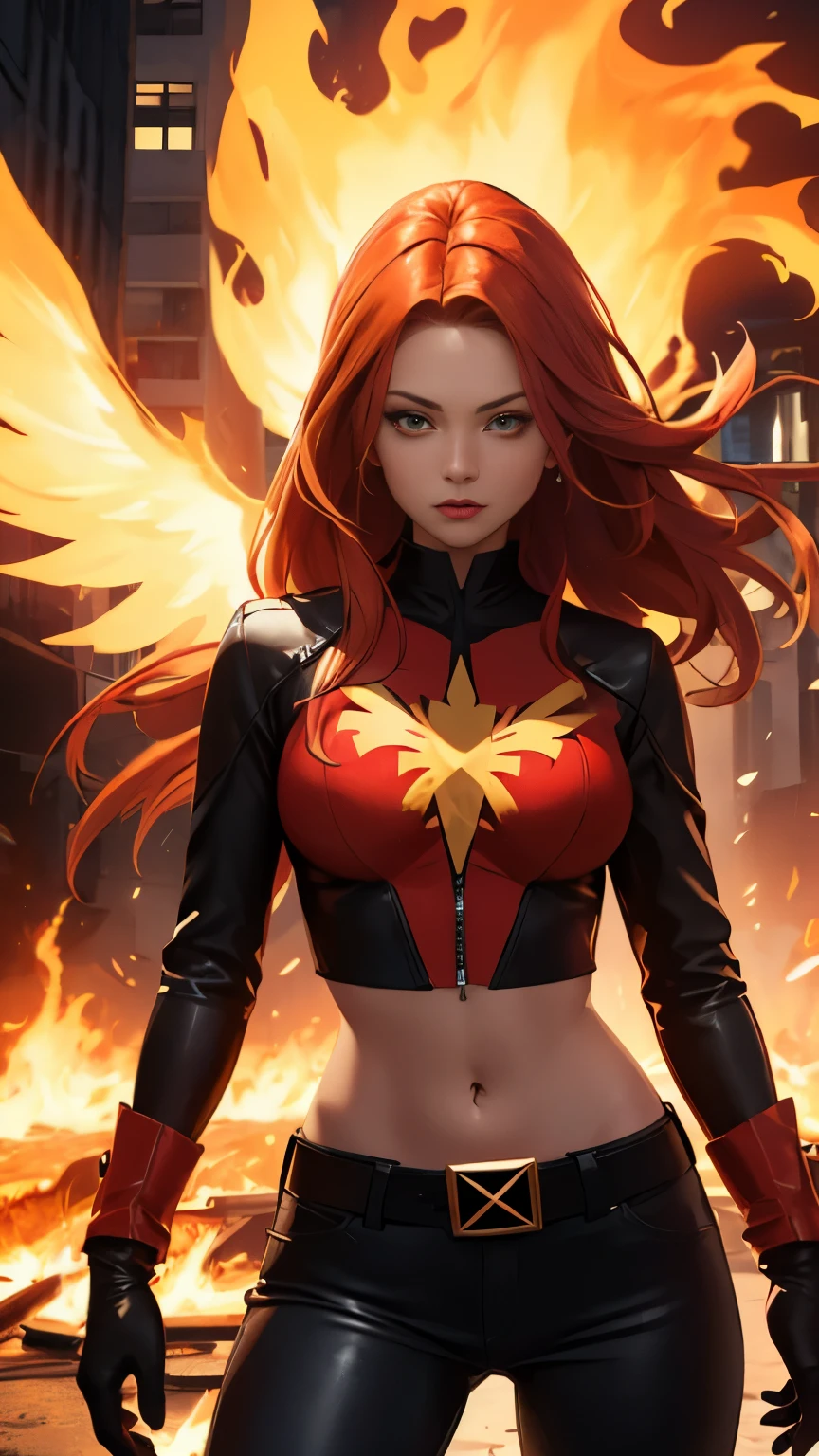 (Highly quality, masterpiece, detailed), burning city detailed scenario, burning city detailed background, jean-grey, belt, red leather crop top jacket, gloves, Phoenix symbol on chest, red leather pants, navel, perfect face, beautiful eyes, looking at the viewer, Sexy pose