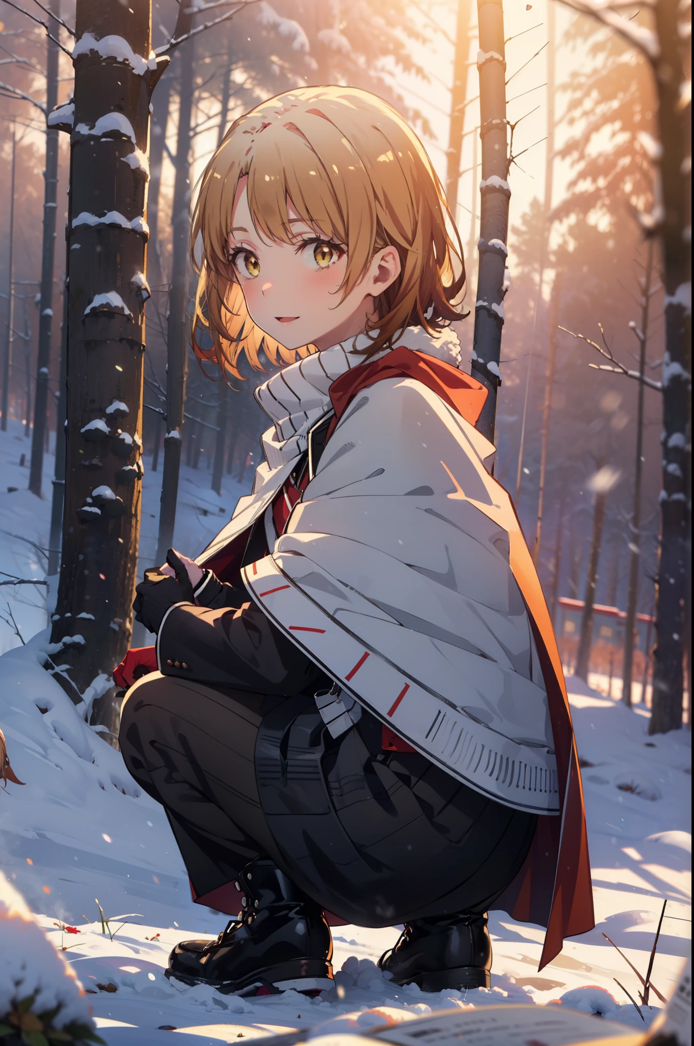 irohaisshiki, iroha isshiki, short hair, brown hair, (Brown eyes:1.5), smile,
Open your mouth,snow, Food, fire, Outdoor, boots, snowing, From the side, wood, suitcase, Cape, Blurred, Food up, forest, gloves, nature, Brown eyes, red gloves, Squat, Mouth closed, Fooded Cape, winter, Written boundary depth, Black shoes, red Cape break looking at viewer, Upper Body, whole body, break Outdoor, forest, nature, break (masterpiece:1.2), highest quality, High resolution, unity 8k wallpaper, (shape:0.8), (Fine and beautiful eyes:1.6), Highly detailed face, Perfect lighting, Highly detailed CG, (Perfect hands, Perfect Anatomy),