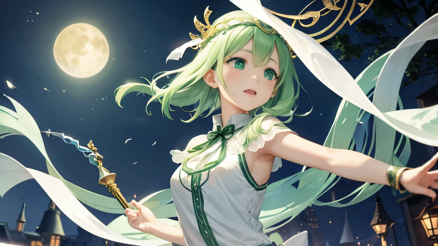 Celtic、Fantasy、Different world、In town、night、Bard、Put a white cloth on your head、Green Hair、sing、ephemeral、sad