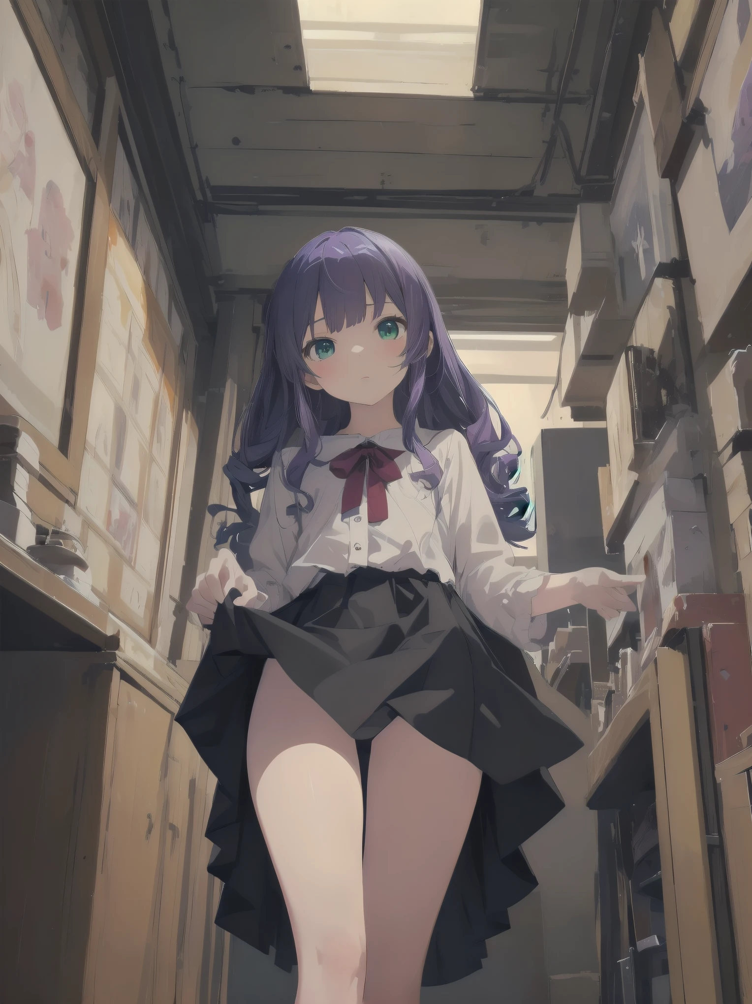 best quality, ultra-detailed, masterpiece,finely detail, high res, 8k wallpaper, best quality, highres, looking up from below, ((a girl, 8ars old, lo)), bottomless, lift up skirt, casual dress, blush, crowded room,, BREAK (masterpiece:1.2), (illustration:0.8), extremely detailed face, perfect lighting, extremely detailed CG, (perfect hands, perfect anatomy), (masterpiece, best_quality, ultra-detailed, immaculate:1.3), epic, illustration, render,
.,Blue-purple hair, green eyes,