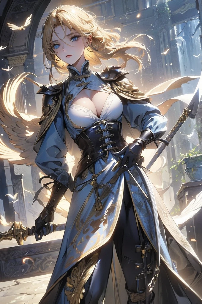 best quality, detailed, profondeur de champs, birds in the background, hommes oiseaux, soldats en armure, visage parfait, well defined eyes, dans un monde de fantasy, a blonde warrior with blue eyes, les cheveux blonds attachés en une queue de cheval haute et des mèches de chaque coté de son magnifique visage se tient sur les remparts d'une château. She wears a long white coat with golden wing symbols open at chest level., revealing her generous cleavage. Ceinturon, winged sword. Elle porte de longs gants en cuir sans doigts et des protèges bras de cuir ainsi que des cuissarde de cuir par dessus son pantalon blanc , metal shoulder pads, symboles d'ailes.