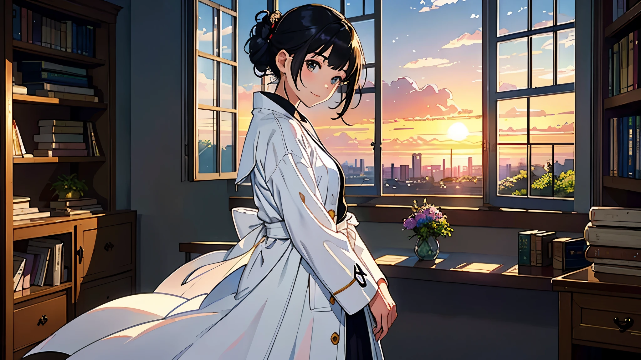 (highest quality、masterpiece、High resolution)、(Sargent-style watercolor)、(Anime Art)、movie angle、Cinematic Light、Soft Light、woman、20-year-old、((windowでレポートを抱えて立っている))、(Short black hair)、Put your hair up、Smiling Kindly、Small breasts、uniform、((Wearing a white coat))、White blouse、one piece、(Long skirt)、(library)、window、(sunset)、