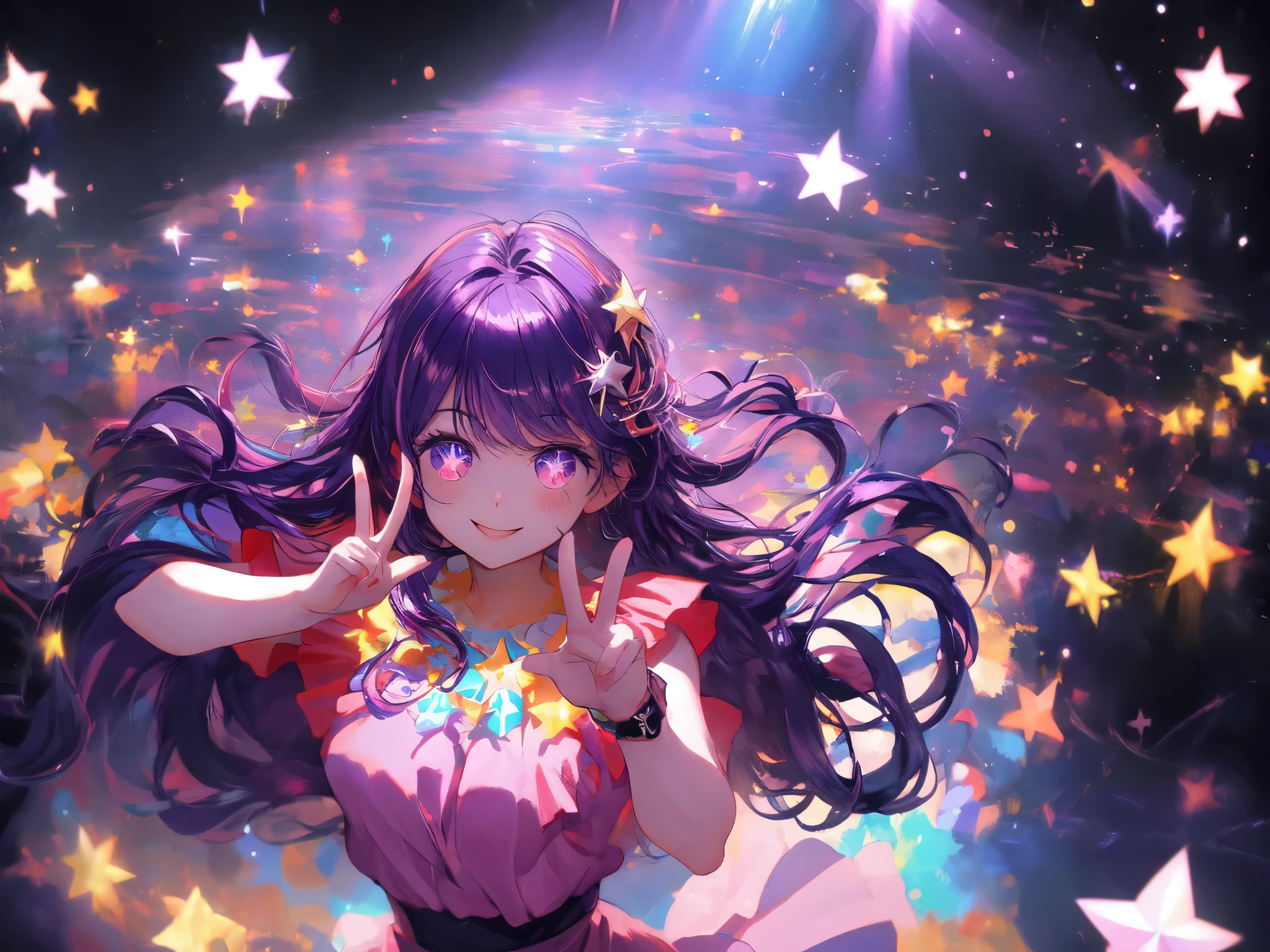 Hosono Ai, Gloves, Long hair, Star (symbol), Watch the viewers, (purple hair: 1.2), Purple Eyes, Upper Body, Hair accessories, Ruffles, pink shirt, Smile, sleeveless, shirt, Idol, symbol shaped pupil, hands up, Bangs, one side up, Star-shaped pupils, raise arms, pulling clothes, roaring twenties, Isometric, from above, whole body, Rembrandt, illustration, detail, Depth of Field, Looking at the audience, Peace Sign, Raise your hand, best quality, high resolution.